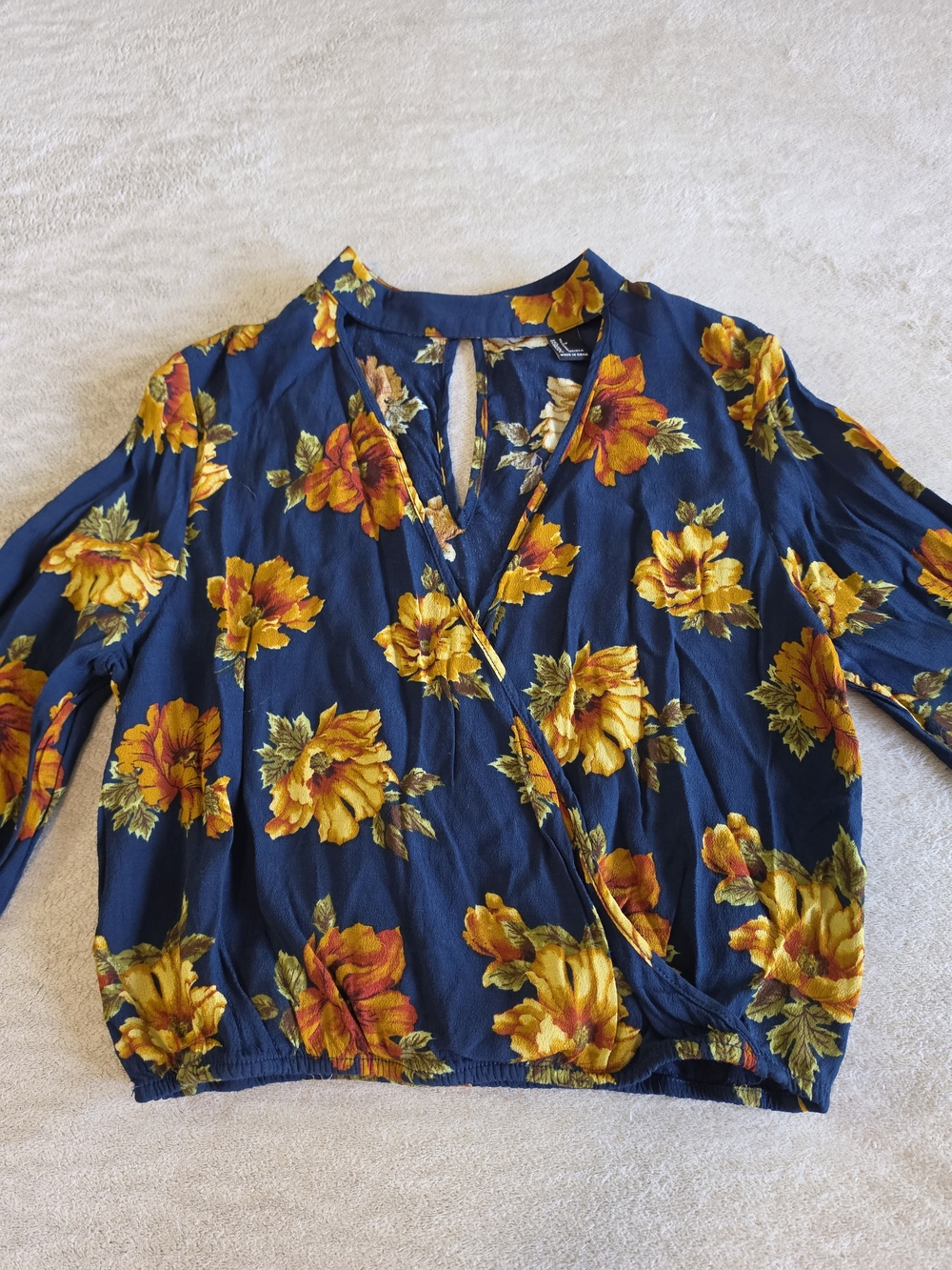 Forever 21 Navy Wrap Floral Blouse with Yellow Flowers